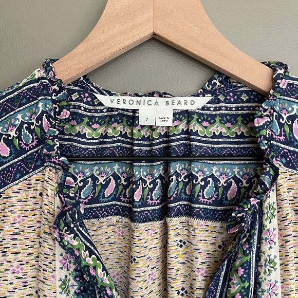 Veronica‎ Beard Lumi Dress Size 2 Silk Cream Beige Blue Floral Ruffles Chic Sexy - Picture 6 of 16